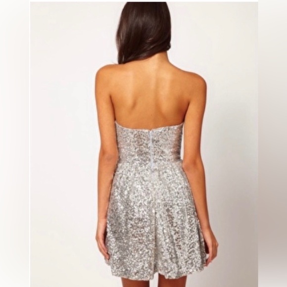 ASOS SILVER SEQUIN STRAPLESS COCKTAIL DRESS, SIZE 6 - Picture 2 of 5